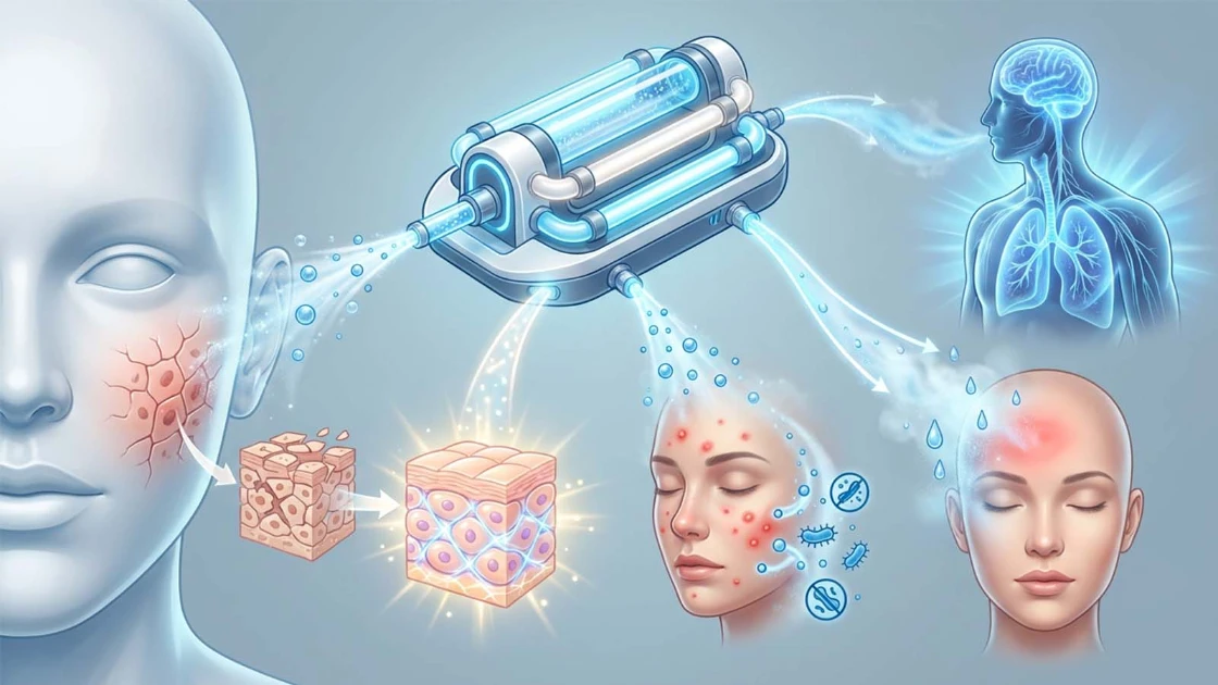 Fotromed hydro oxygen facial machine benefits for skin repair, Riduzione dell'acne, and systemic wellness.