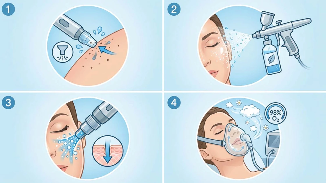 How a hydro oxygen facial machine works hydra dermabrasion, spruzzo di ossigeno, dermal infusion, and oxygen mask therapy. (1)
