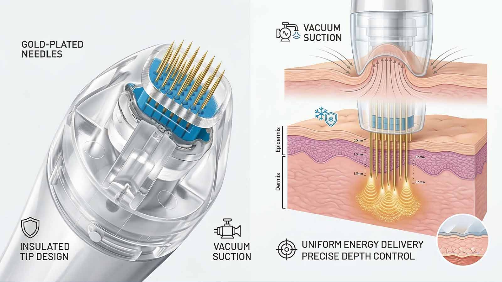 RF microneedling handpiece featuring insulated gold-plated needles and vacuum suction for precise energy delivery in the dermis.
