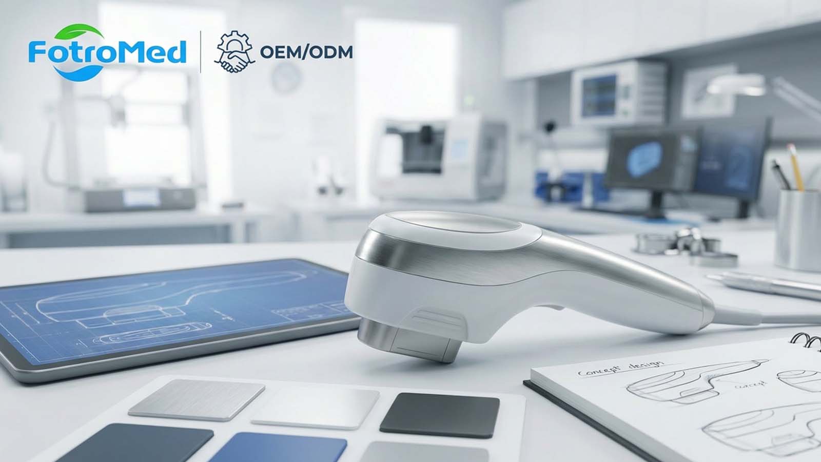 Custom OEM/ODM design process for Fotromed RF HIFU machine, featuring CAD blueprints and a treatment handle.