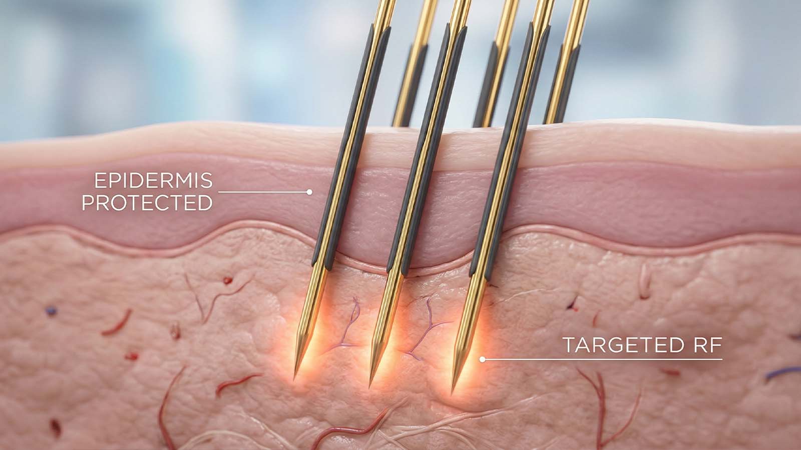 Mekanisme keamanan mesin microneedling RF FDA menunjukkan jarum emas terisolasi yang melindungi epidermis sekaligus menyalurkan energi frekuensi radio yang ditargetkan ke dermis.