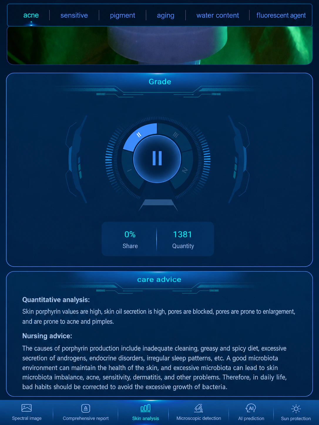 Skin analysis grade and care advice report screenshot