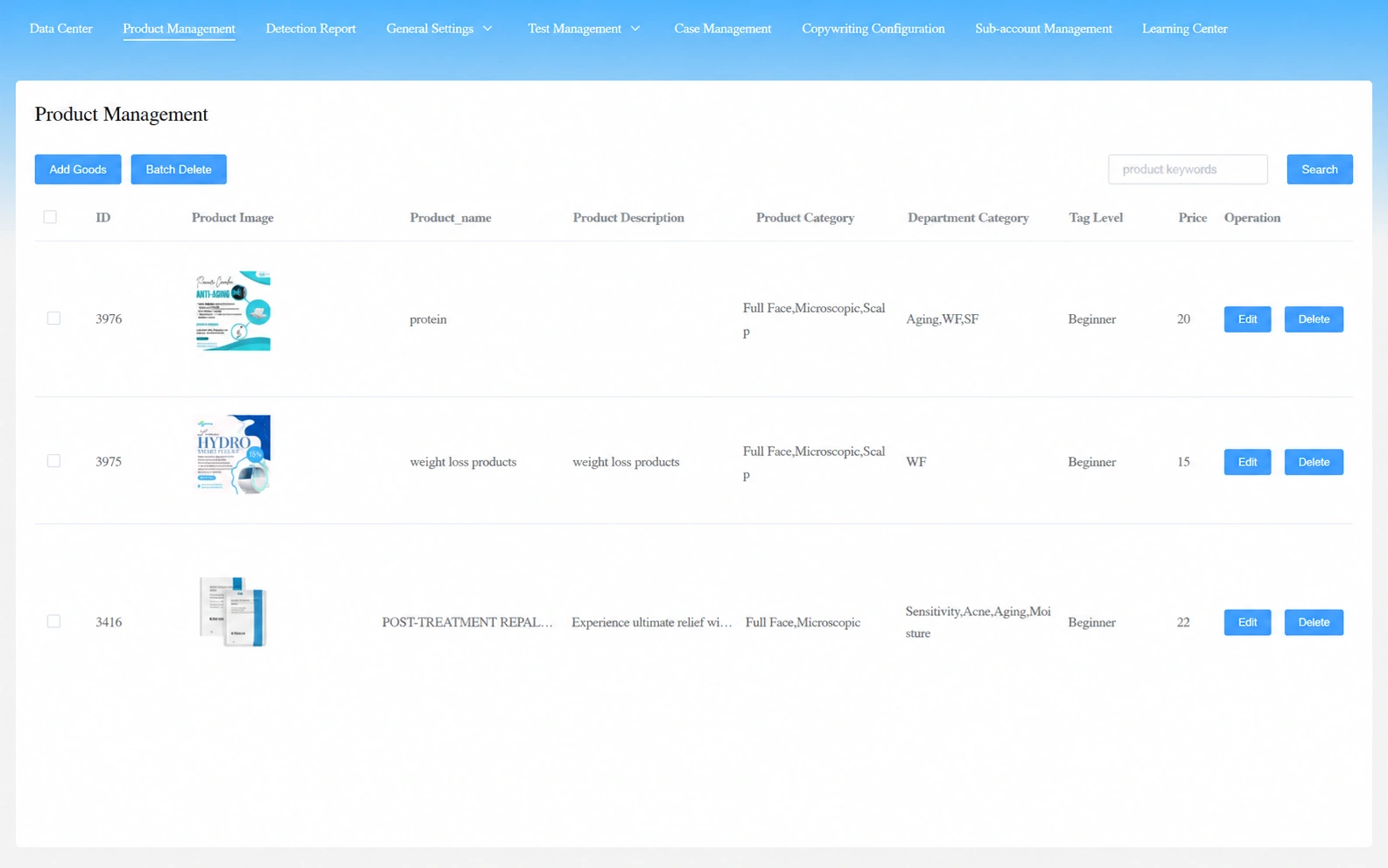Derma Vision Master backend skincare product recommendation settings