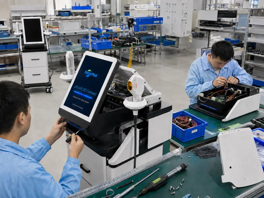 Technicians assembling a Fotromed HIFU machine during factory quality control