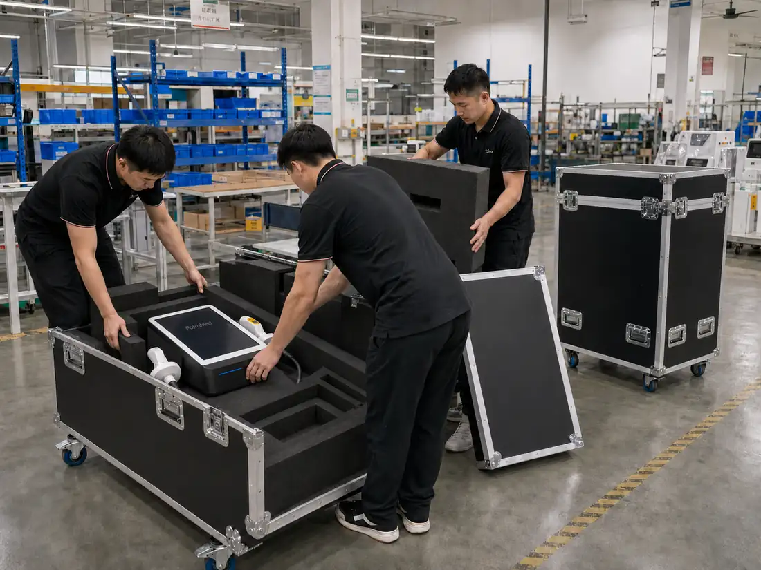 Fotromed HIFU machine factory team preparing equipment for shipment