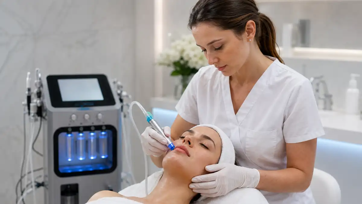 Hydrodermabrasion treatment in progress with a hydro facial machine handpiece