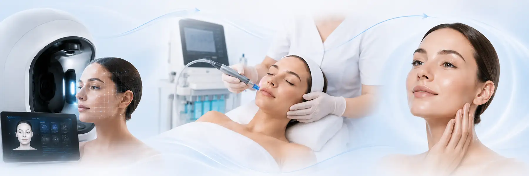 Esthetician performing a hydrodermabrasion facial treatment protocol in a clinic