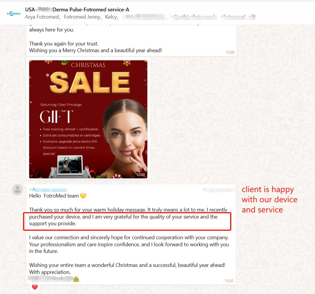 Customer praising a Fotromed device, service quality and support