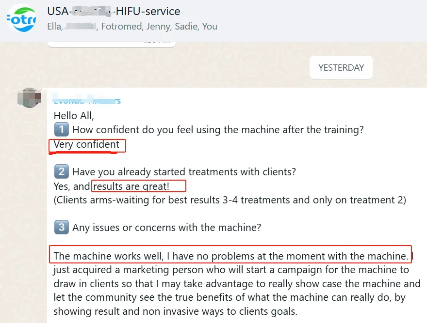 Customer feedback saying they feel very confident after Fotromed machine training