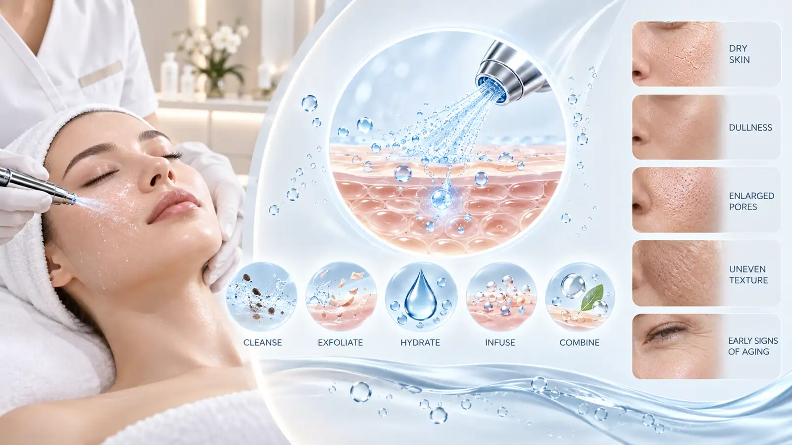 Jet peel facial treatment infographic showing cleansing, exfoliation
