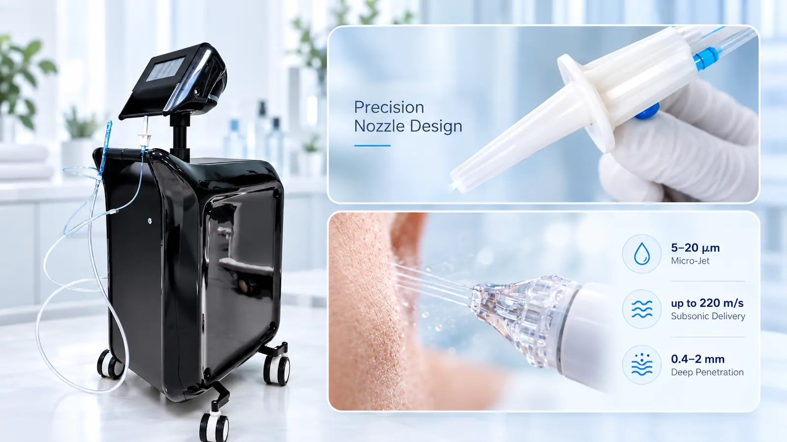 Jet peel machine with precision nozzle and micro-jet delivery illustration