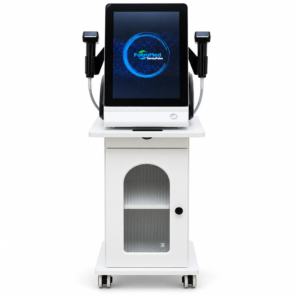 Front view of the DermaPulse machine on its wheeled cart