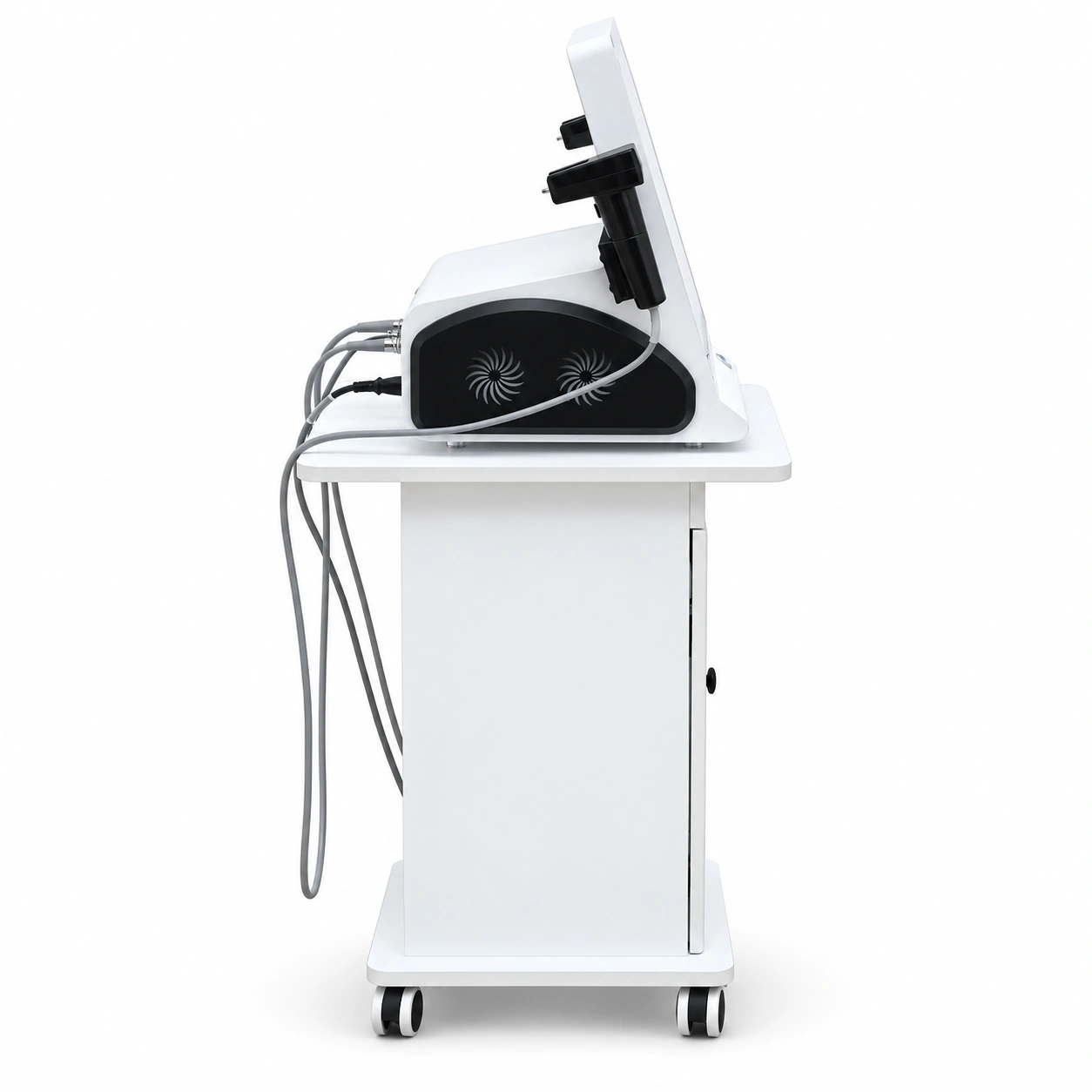 Side view of the DermaPulse machine and wheeled cart with cable connections