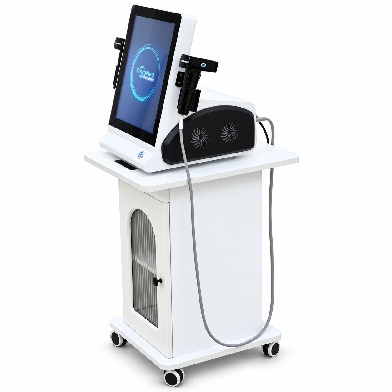 Three-quarter view of the DermaPulse machine on its wheeled cart