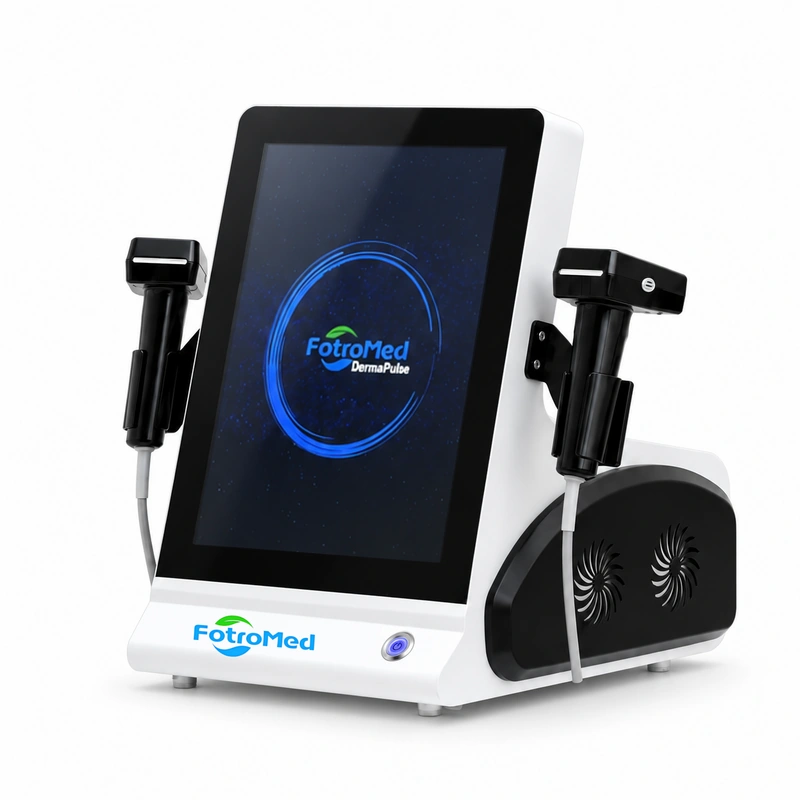 Three-quarter view of the DermaPulse machine console with two handpieces and FotroMed logo