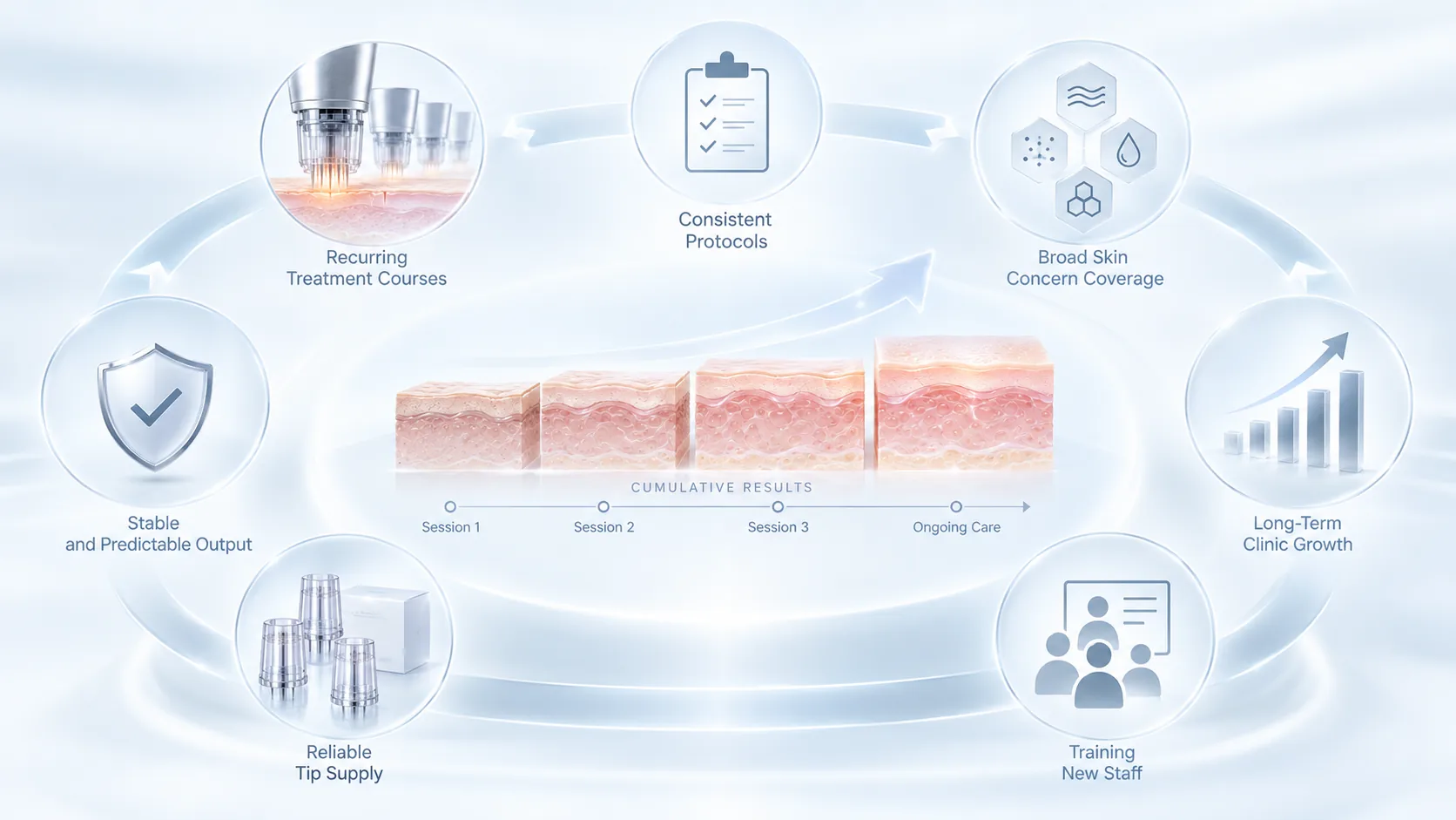 Clinic microneedling service cycle showing treatment courses, consistent protocols, tip supply, Personalschulung, and continuing care