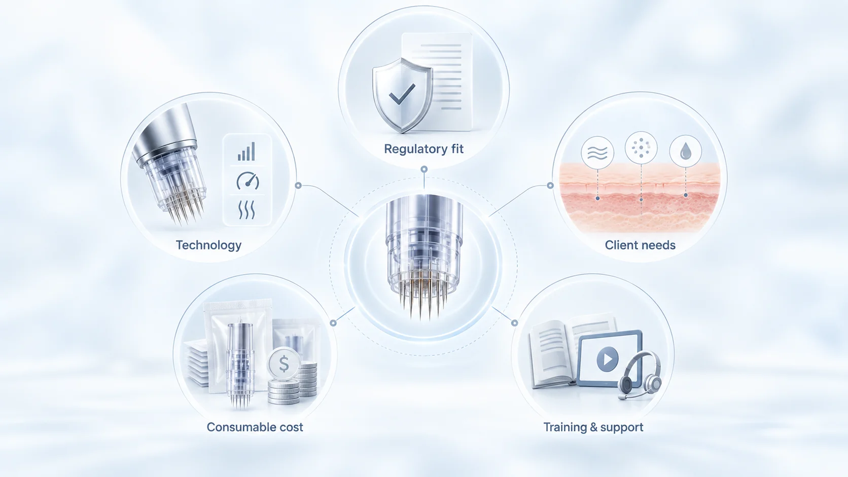 Five factors for comparing professional microneedling devices: regulatory fit, Technologie, client needs, Verbrauchskosten, und Training