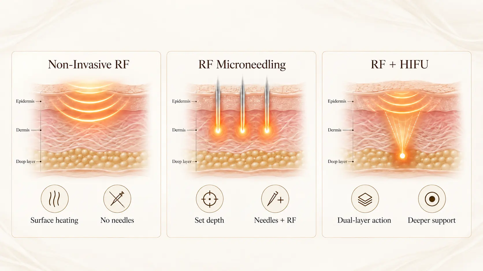 Comparison of non-invasive RF, RFマイクロニードリング, and RF plus HIFU energy delivery at different skin depths