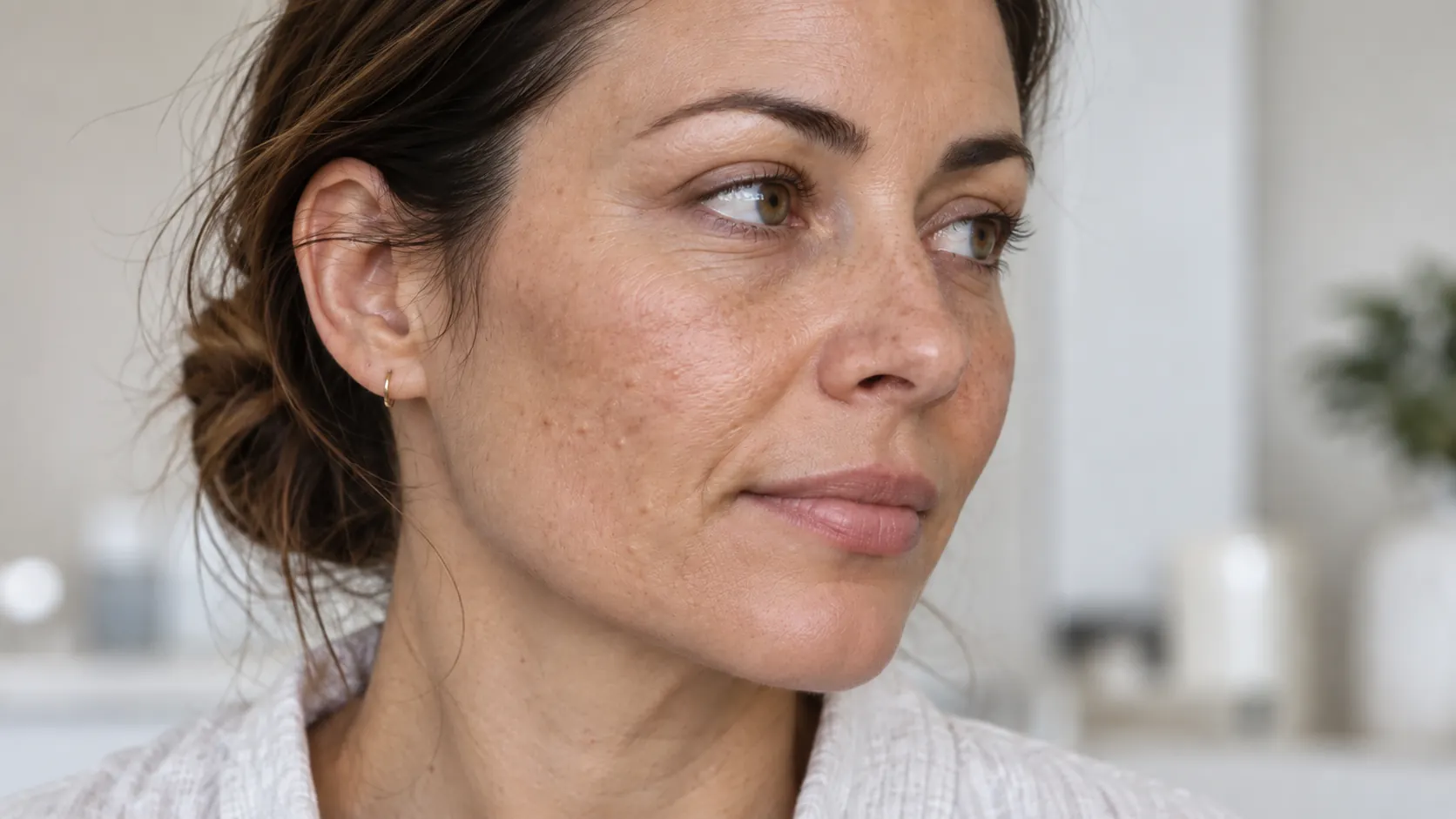 Woman with uneven facial texture showing common RF microneedling treatment areas
