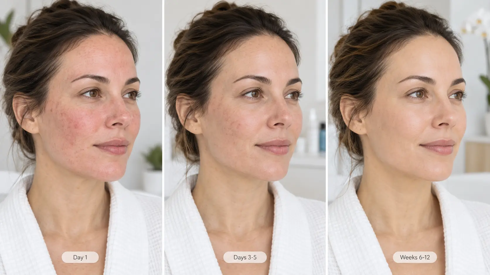 RF microneedling recovery timeline from day 1 redness to visible improvement at weeks 6 에게 12