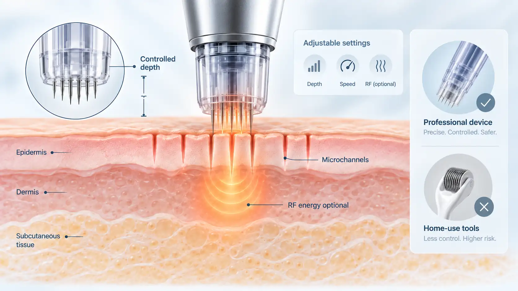 Diagram of adjustable needle depth and skin microchannels, with optional RF energy delivered through the needles