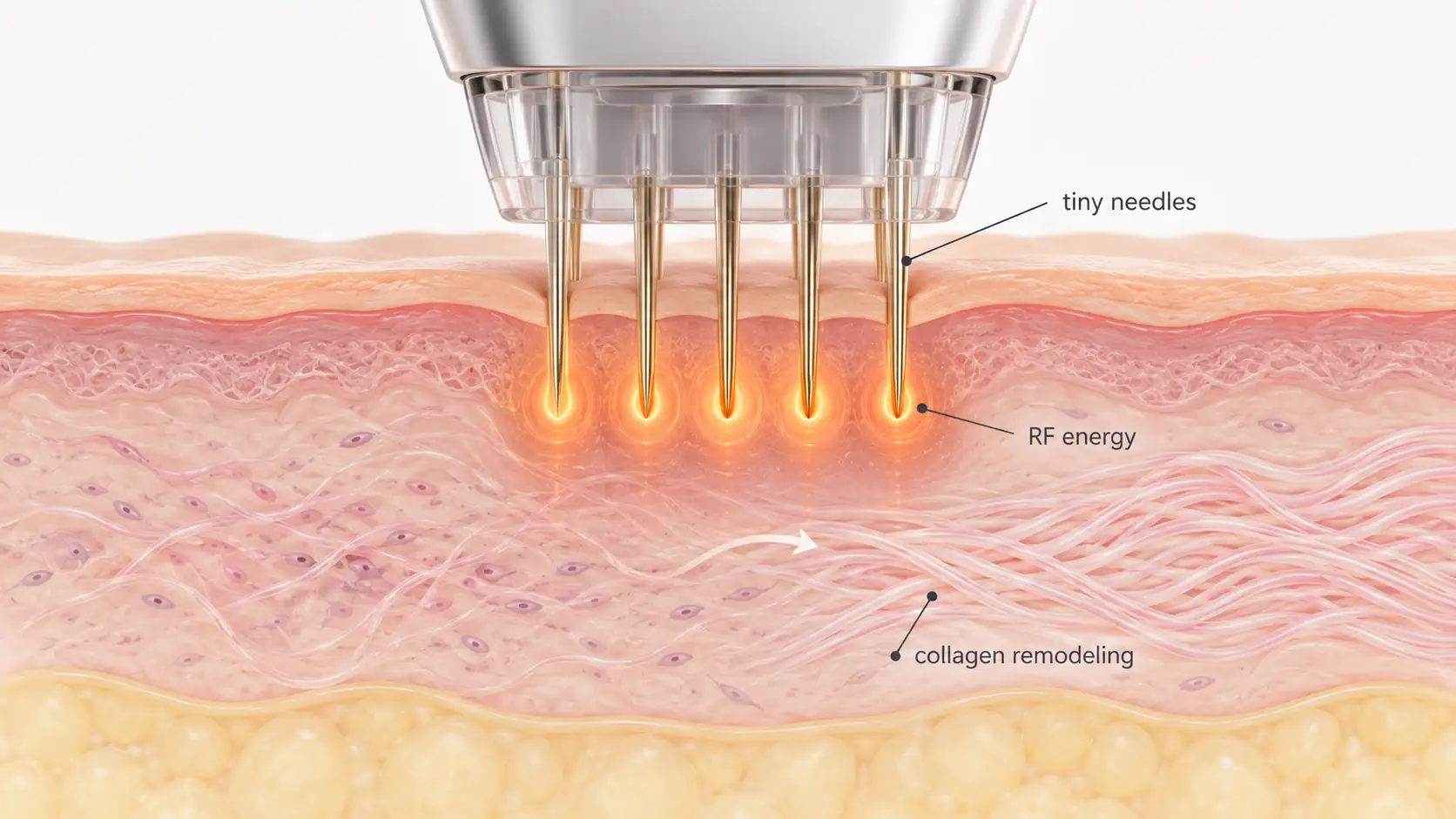 RF microneedling needles delivering radiofrequency energy into the skin for collagen remodeling