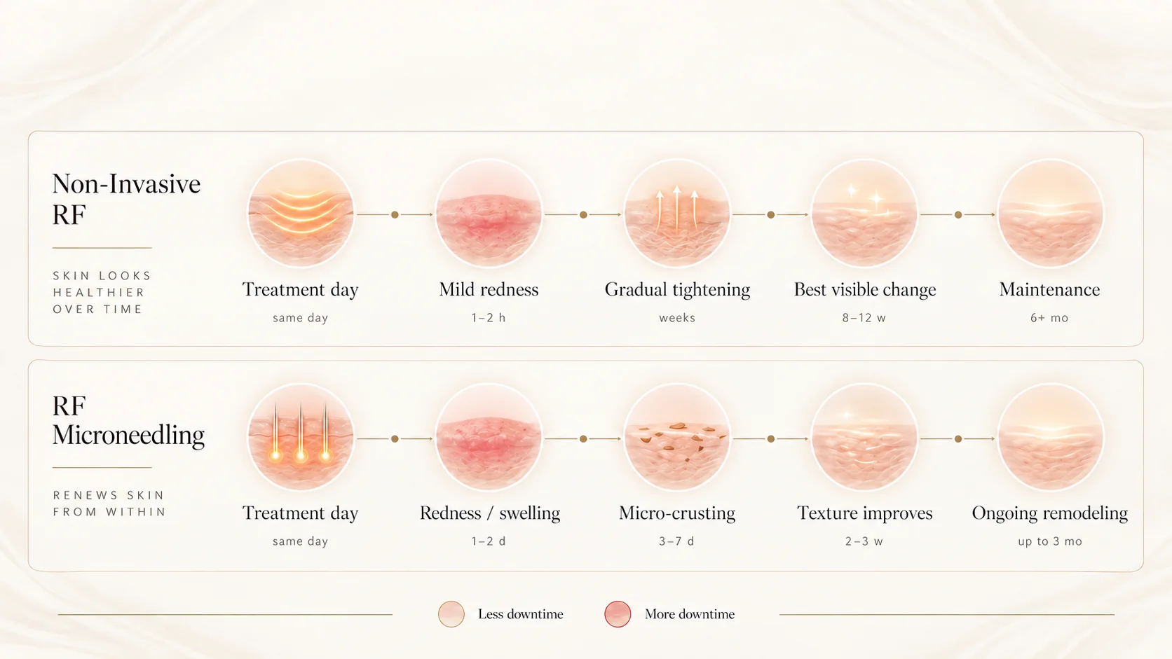 Timeline comparing RF skin tightening results and downtime for non-invasive RF and RF microneedling