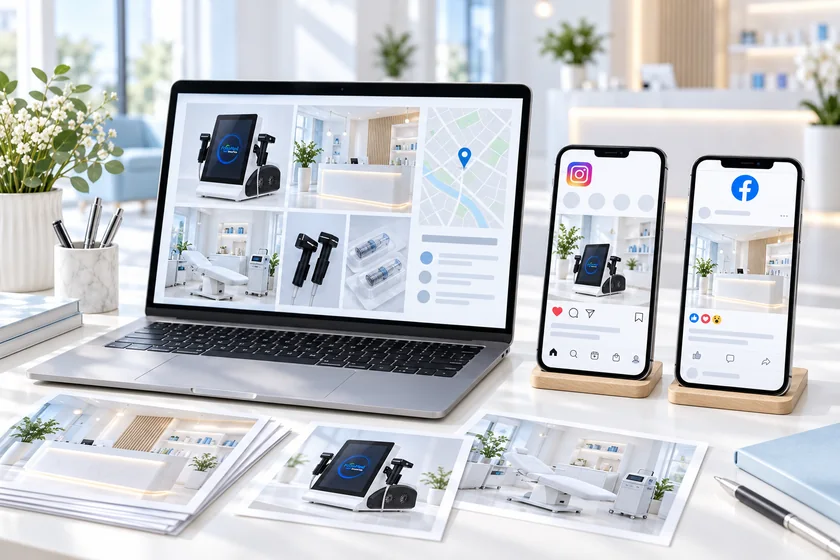 Illustration of Instagram and Facebook clinic promotion using device images and a location map