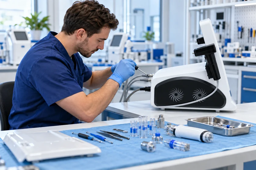 Illustration of a technician checking a Fotromed DermaPulse RF microneedling machine from the side