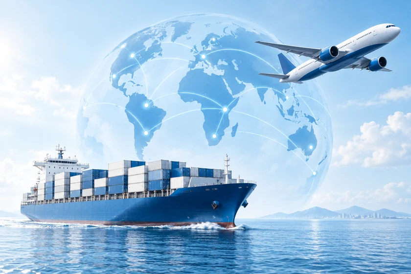 Illustration of worldwide air and sea delivery with an airplane, container ship and global routes