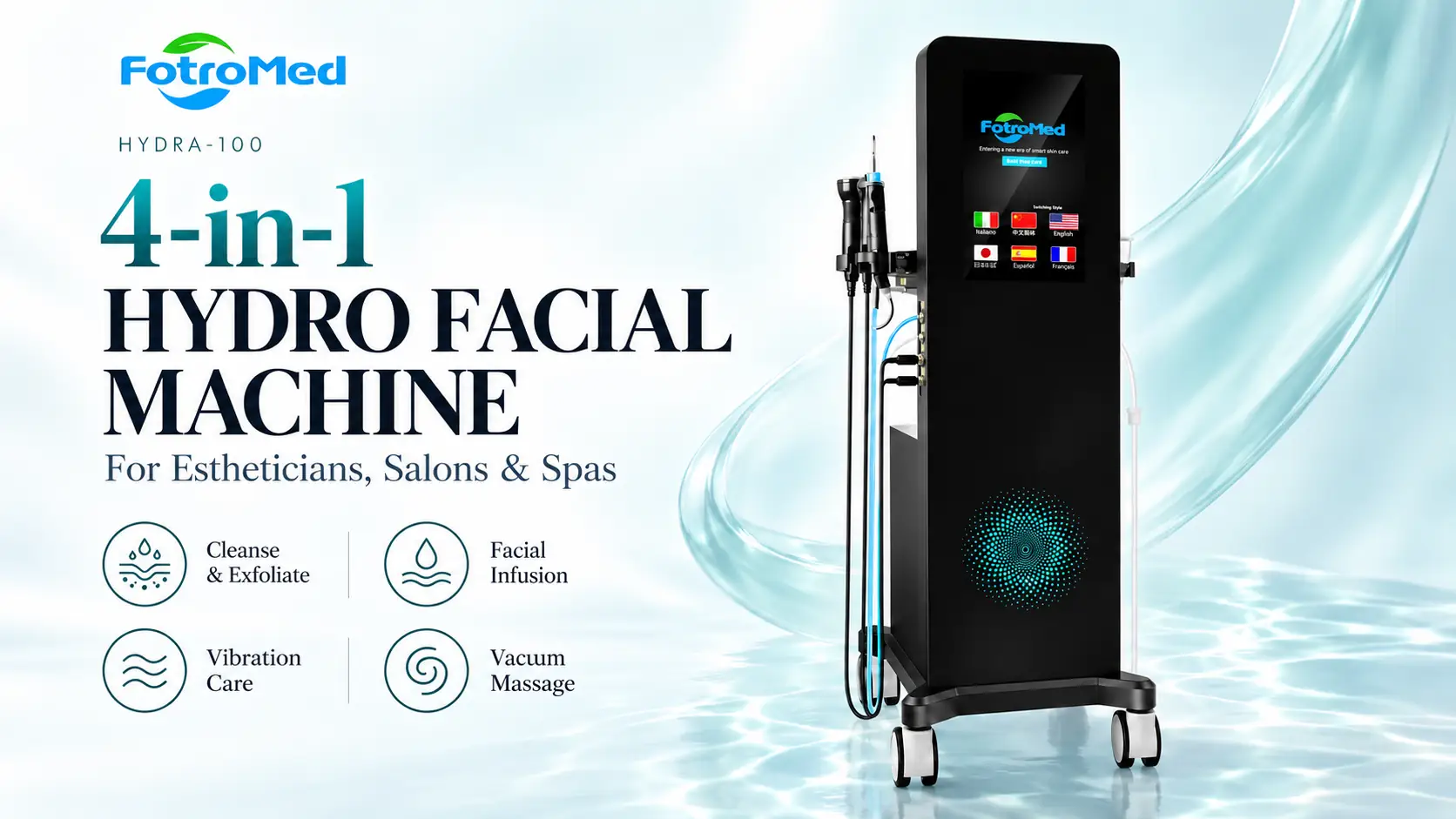 Fotromed Hydra-100 4-in-1 hydro facial machine with cleansing, facial infusion, vibration care and vacuum massage functions