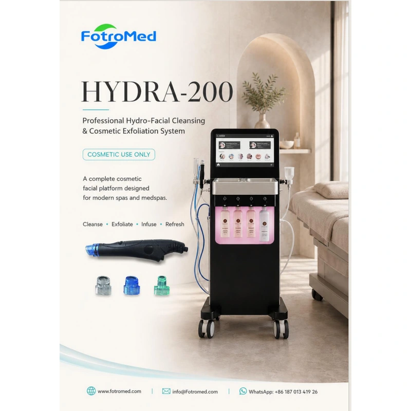 Fotromed Hydra-200 product overview with facial handpiece and treatment tips