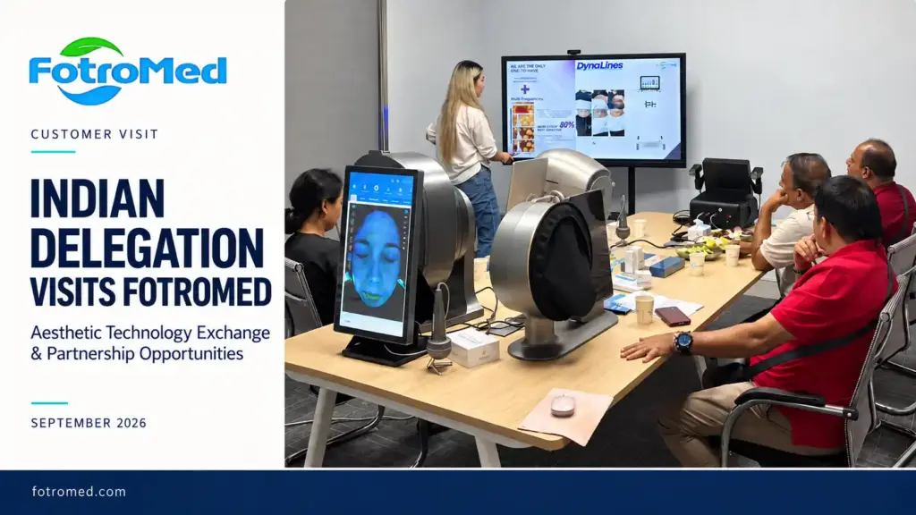 Indian delegation visiting Fotromed for an aesthetic equipment demonstration in September 2026