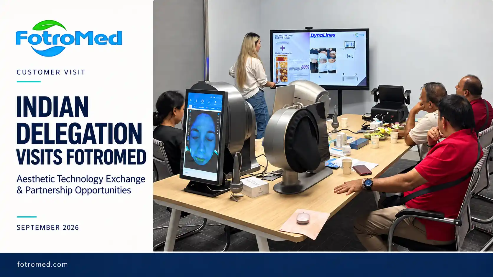Indian delegation visiting Fotromed for an aesthetic equipment demonstration in September 2026