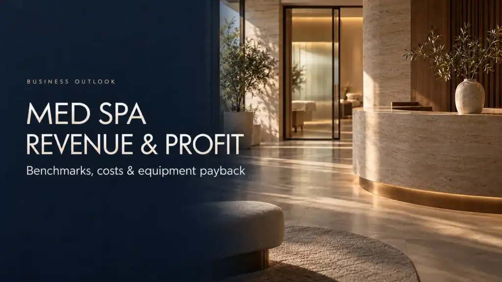 Med spa revenue and profit guide covering benchmarks, costs and equipment payback, with a clinic reception background
