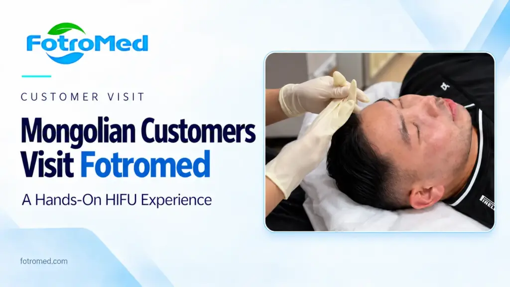 Mongolian customer experiencing HIFU at Fotromed, shown with gloved hands near his forehead
