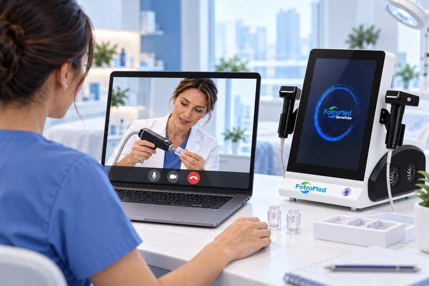 Illustration of one-to-one video training with a remote instructor and a Fotromed DermaPulse machine