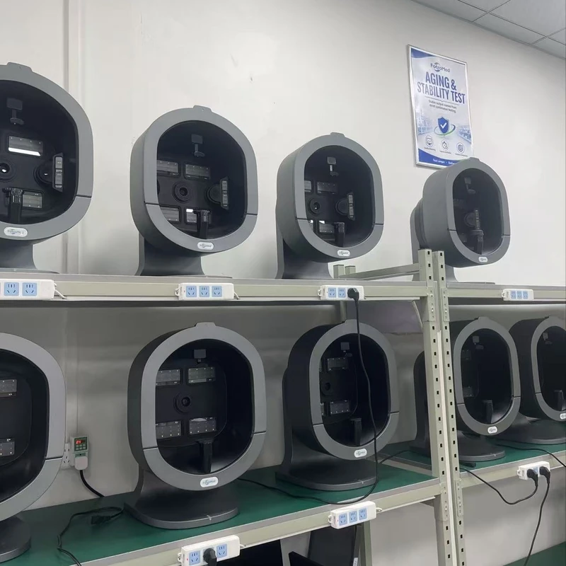 Skin analyzers connected to power on aging and stability test racks.