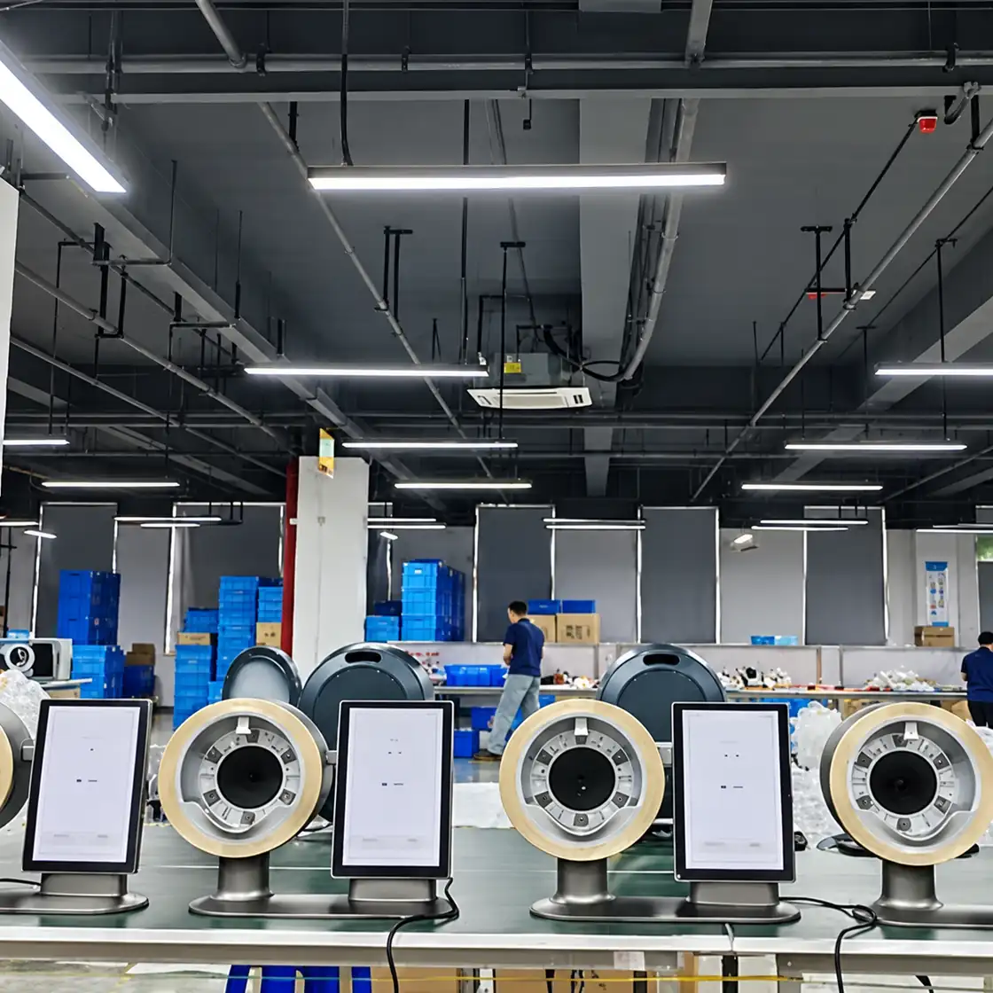 Skin analyzers with screens arranged along an assembly line.