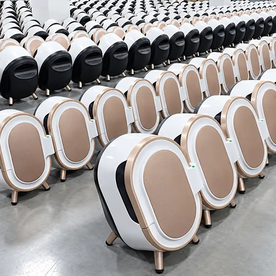Rows of complete skin analyzer housings in bulk inventory.