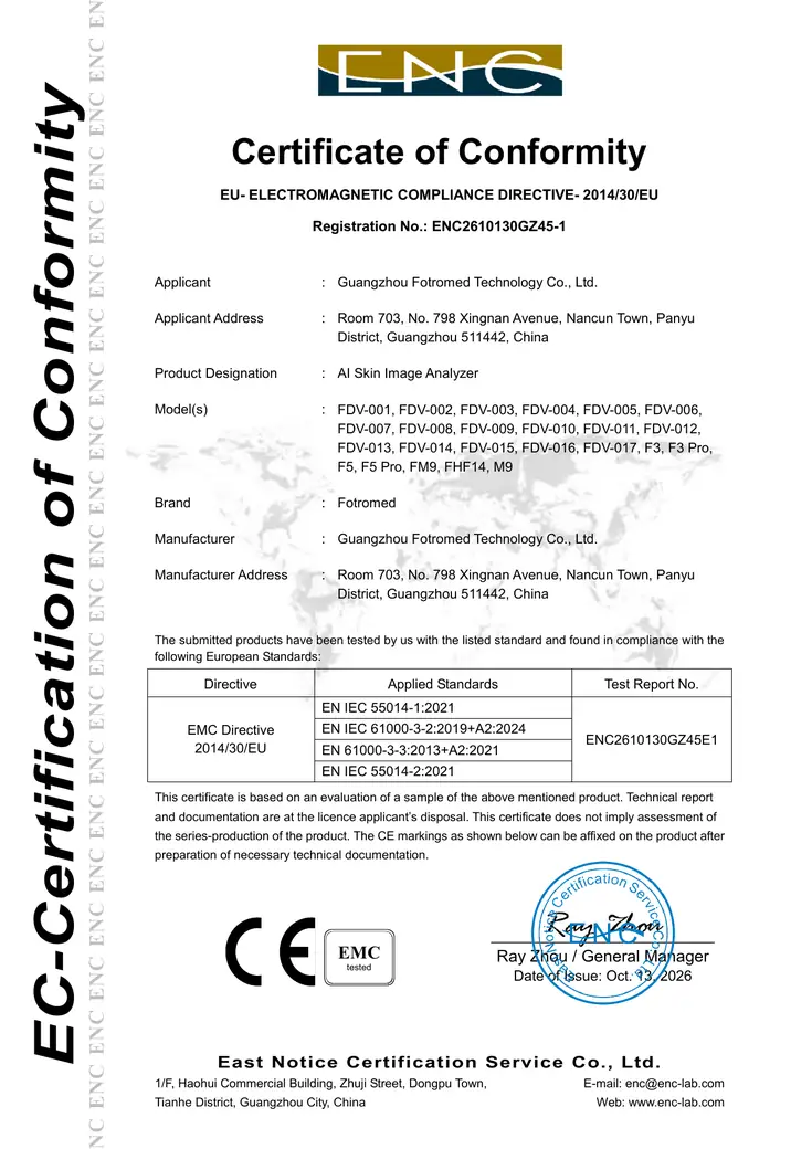 CE EMC Certificate for the Fotromed AI Skin Image Analyzer